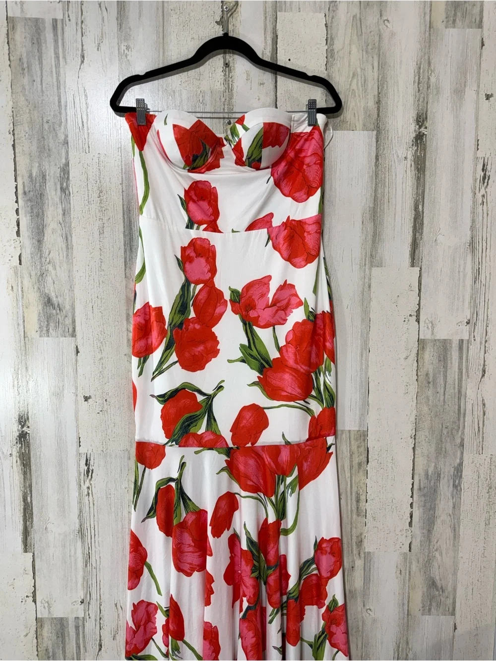 Strapless Mermaid Style Dress with Red Floral Print and Fitted Bodice